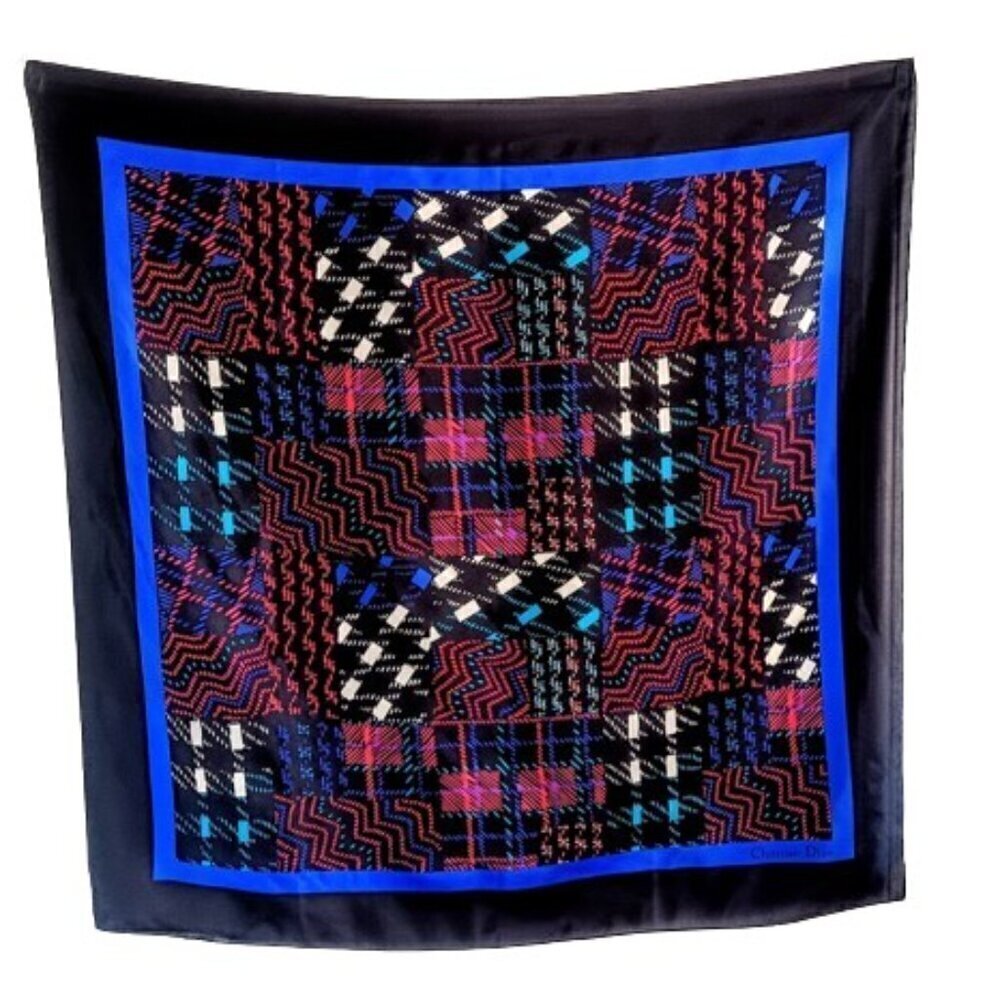 Vintage Christian Dior Black Multicolor Geometric Print Silk Square Scarf